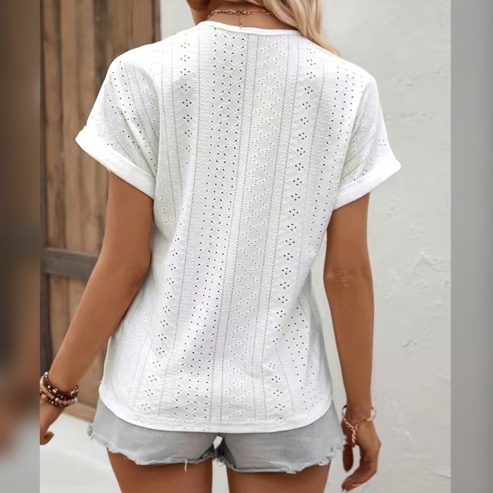 Rainbow Crochet Lace V Neck White Eyelet Boho Short Sleeve Shirt L XL NWT - Picture 5 of 6